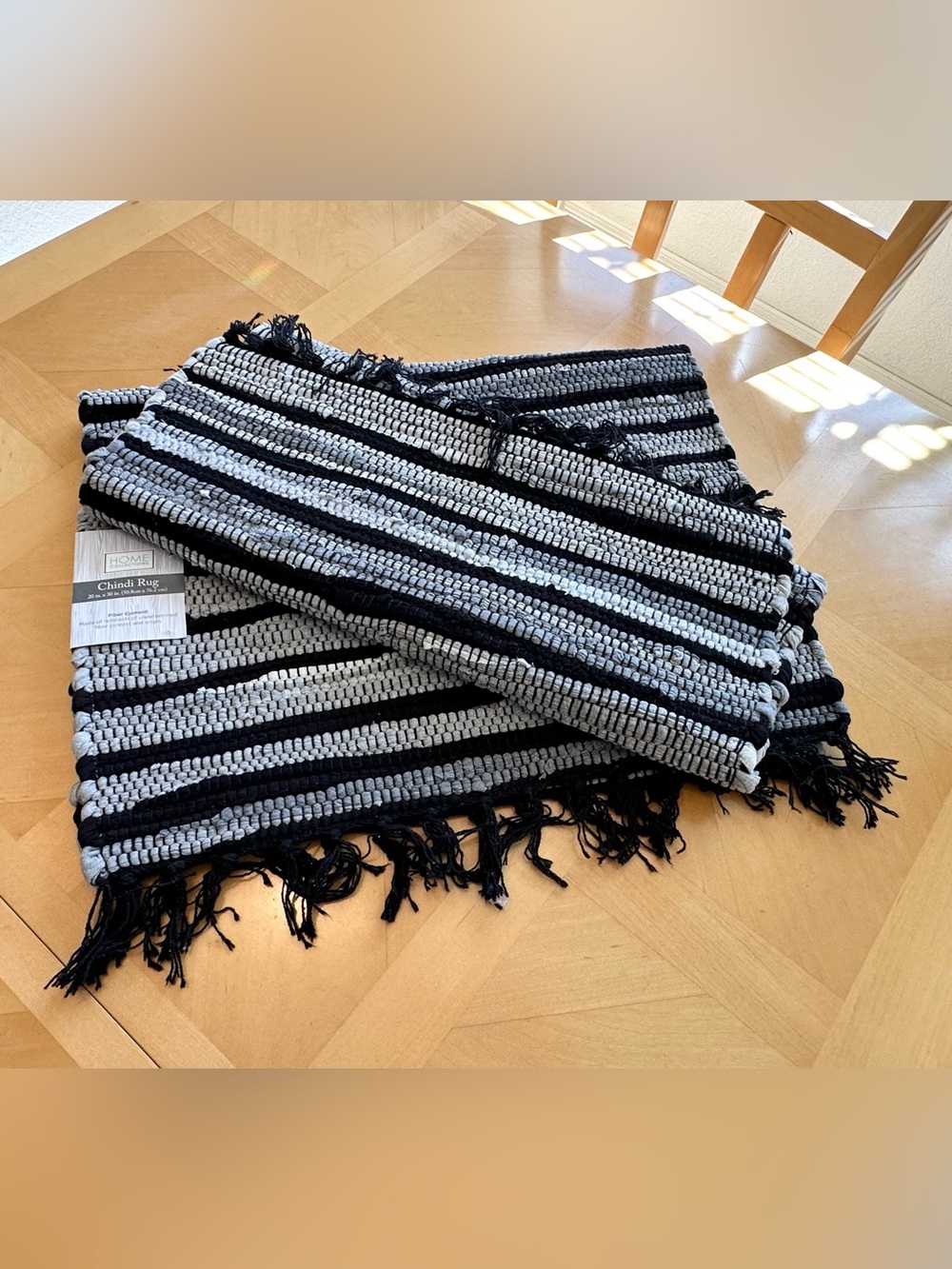 Set of 2 NWT 36 x 21 Black & Gray Striped Chindi Rag Rugs – Handwoven Reversible